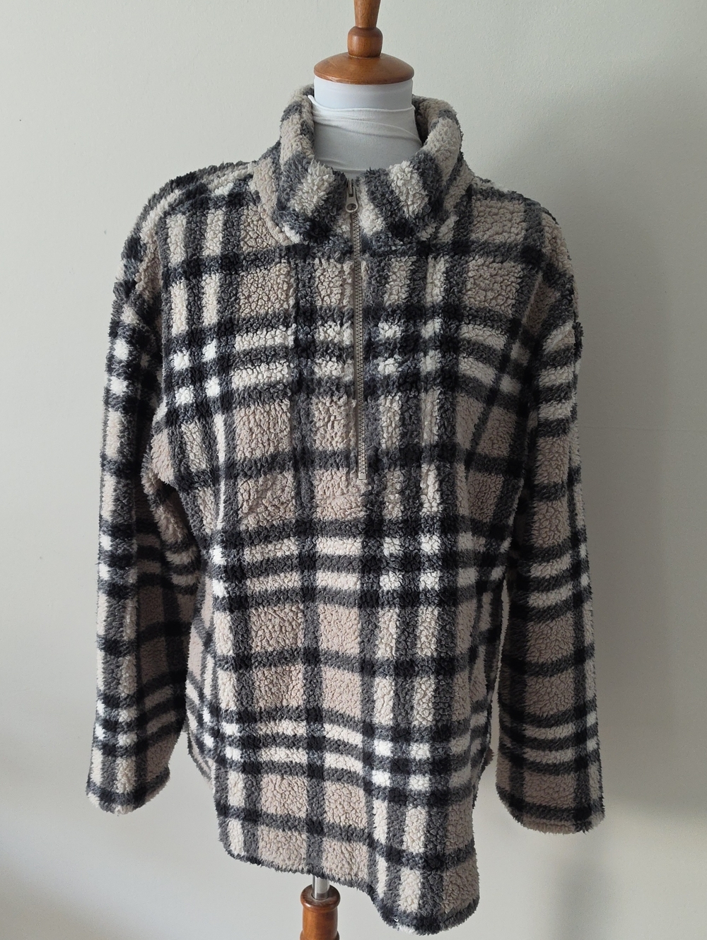Koolaburra  Brown Tan  and Black Plaid Sherpa Half-Zip Sweater